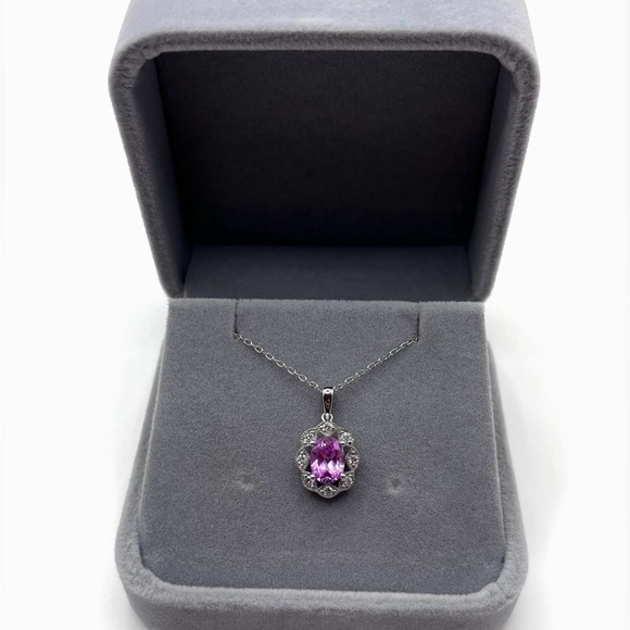 1.25 CT Oval Cut Pink Sapphire and .30 CT Diamond Necklace 925 Sterling Silver - Picture 3 of 7